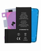 A replacement Li-ion battery for an iPhone 15 Pro, shown with its black outer casing, a purple inner protective sheet, and a blue backing piece on a white background.