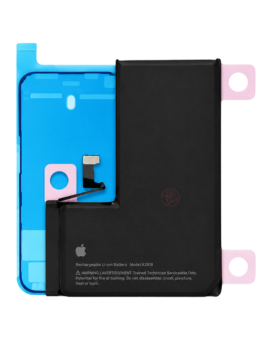 Apple rechargeable lithium-ion battery Model A218 shown with its blue and pink protective film still partially attached, on a clean white background.