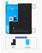 A replacement Li-ion battery and its blue protective film are shown on a white background, with a lower inset labeled 'What's in the box' showing one battery and one battery adhesive.