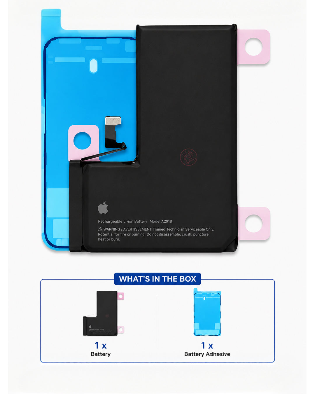 A replacement Li-ion battery and its blue protective film are shown on a white background, with a lower inset labeled 'What's in the box' showing one battery and one battery adhesive.