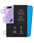 A replacement Li-ion battery for an iPad Pro, shown with its purple and blue protective film sheets and a small black connector piece on a clean white background.