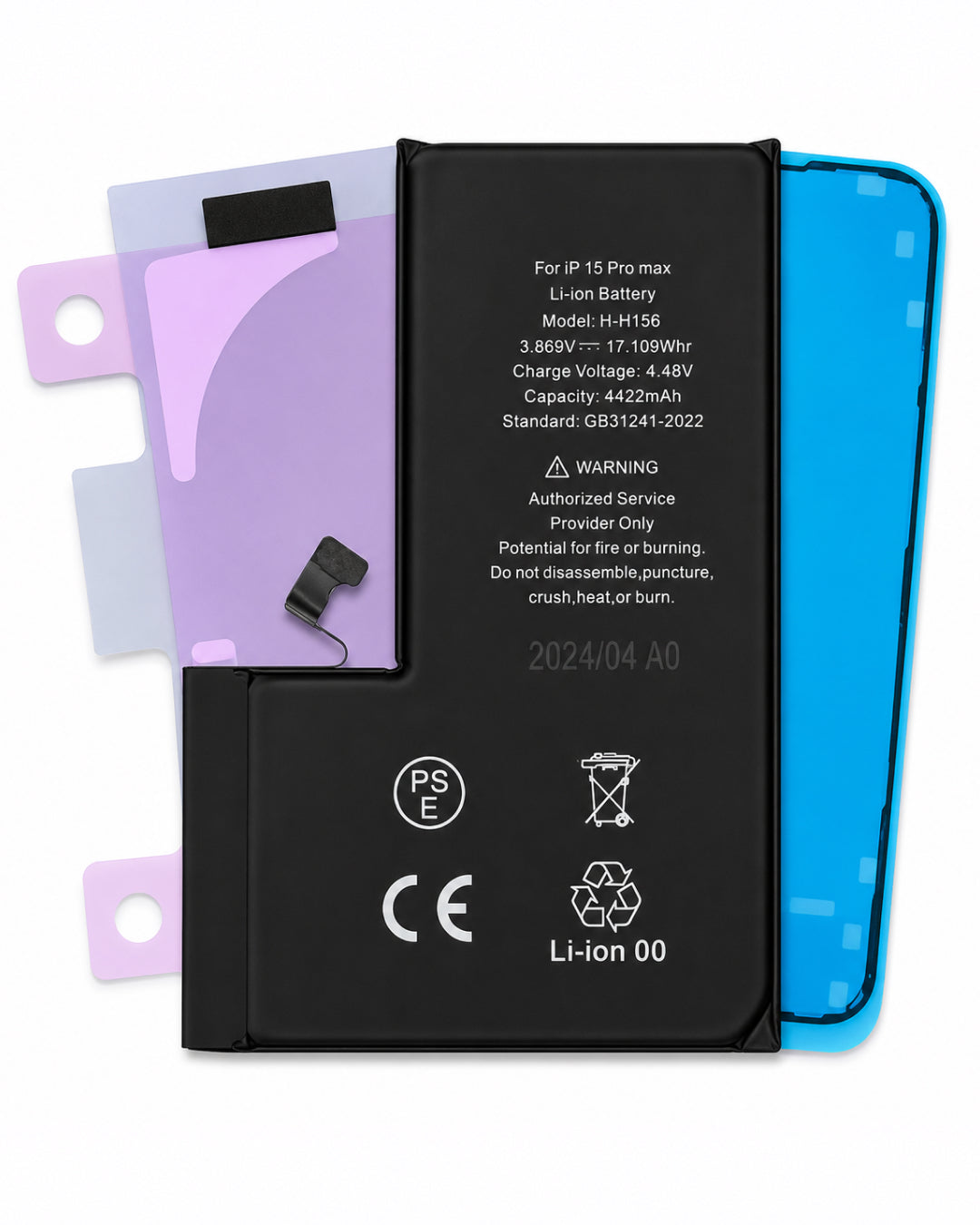 A replacement Li-ion battery for an iPad Pro, shown with its purple and blue protective film sheets and a small black connector piece on a clean white background.