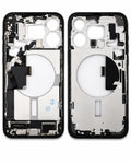 Front and back views of a replacement smartphone outer frame assembly, showing the black bezel and internal silver metal structure with camera cutouts and mounting points.