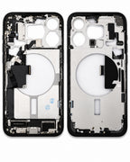 Front and back views of a replacement smartphone outer frame assembly, showing the black bumper edge and internal silver metal chassis with camera cutouts and mounting slots.