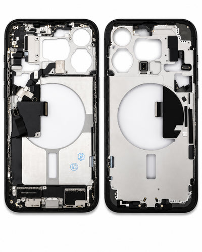 Front and back views of a replacement smartphone outer frame assembly, showing the black bumper edge and internal silver metal chassis with camera cutouts and mounting slots.