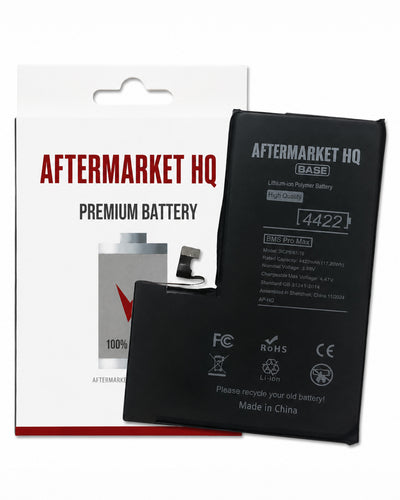 Aftermarket HQ high capacity replacement lithium-ion battery shown next to its white retail packaging box on a plain white background.