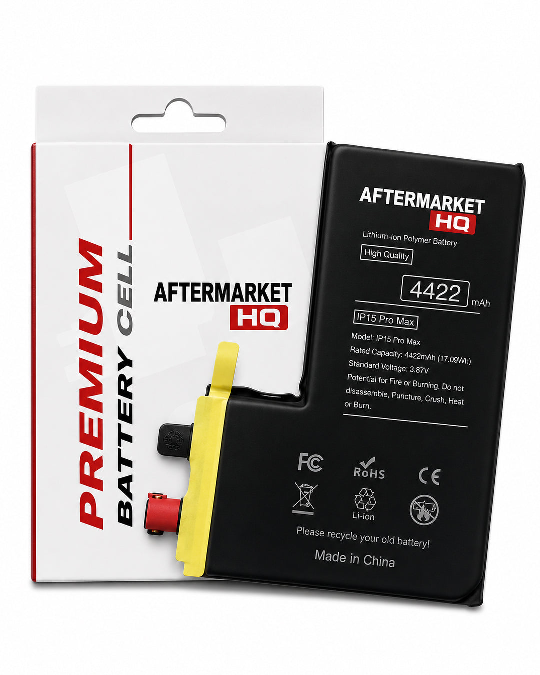 Aftermarket HQ BR15 Pro Max lithium-ion replacement battery shown next to its retail packaging box. The battery is black with a yellow and red polarity connector, and the box is white with red and black branding.