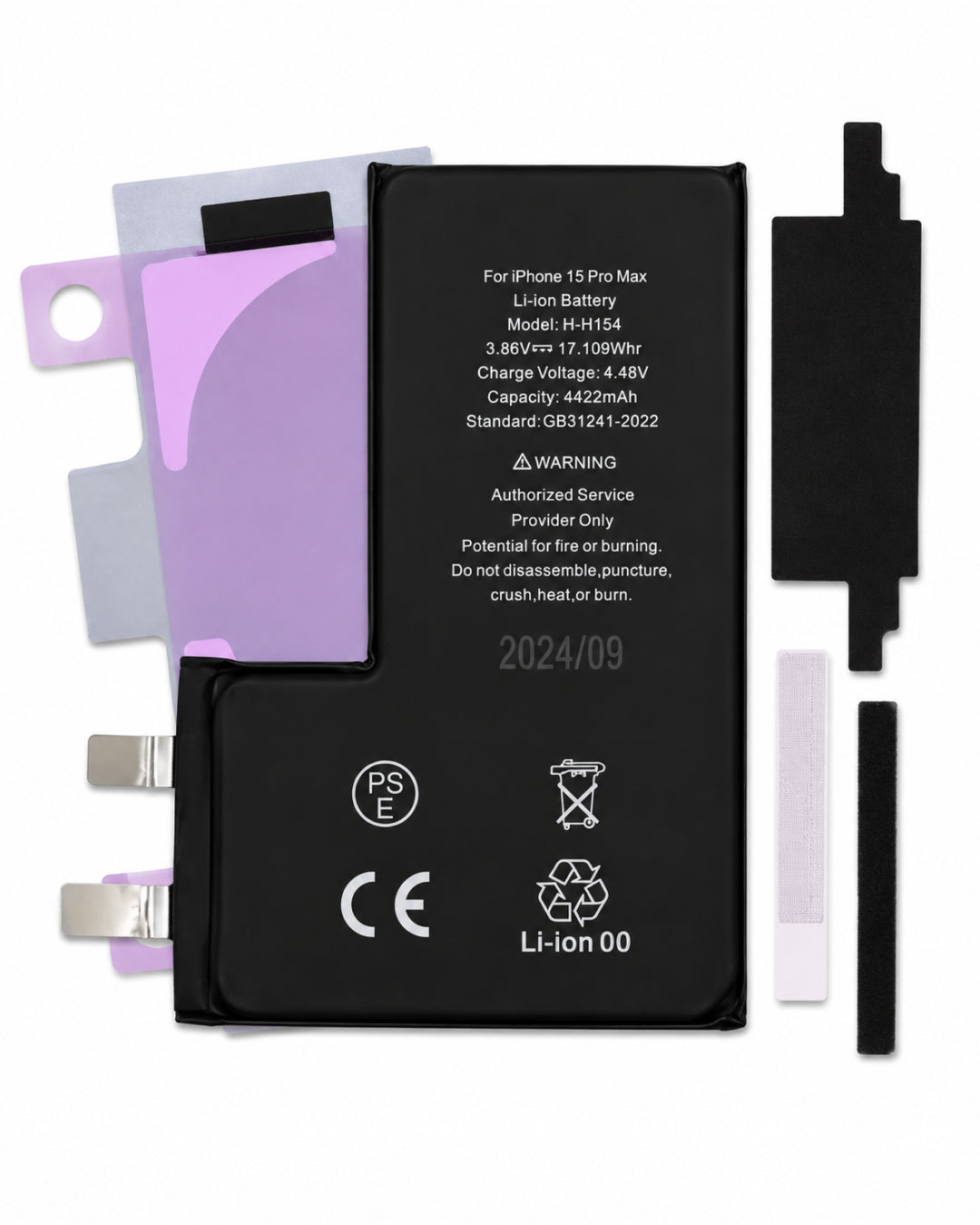 A replacement iPhone 15 Pro Max lithium-ion battery pack with its mounting accessories, including purple and silver adhesive sheets, metal contacts, and black plastic clips, displayed on a clean white background.
