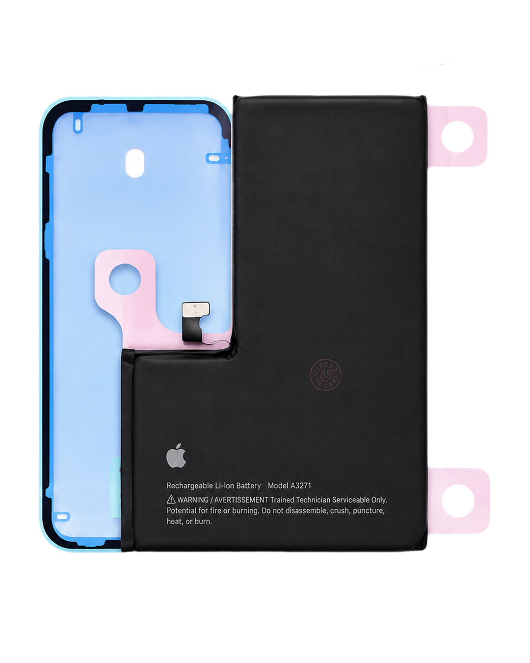 An Apple rechargeable Li-ion battery (Model A2ZT1) shown alongside its blue protective film and pink adhesive tabs, on a clean white background.