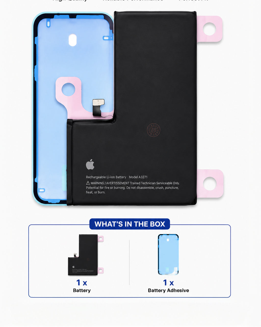 A replacement phone battery kit shown on a white background, including a black Apple-compatible rechargeable lithium-ion battery with pink and blue adhesive pieces, a blue phone battery frame, and an inset box labeled 'WHAT'S IN THE BOX' showing one battery and one battery adhesive.