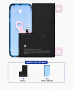 A replacement phone battery kit shown on a white background, including a black Apple-compatible rechargeable lithium-ion battery with pink and blue adhesive pieces, a blue phone battery frame, and an inset box labeled 'WHAT'S IN THE BOX' showing one battery and one battery adhesive.