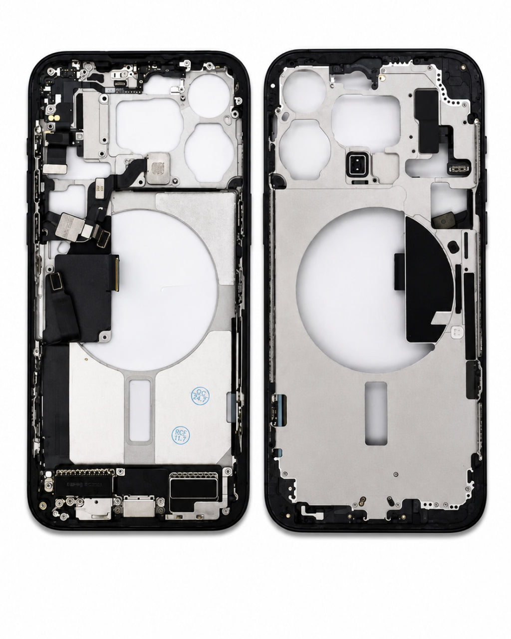 A front and back view of a replacement smartphone battery frame assembly, showing the black outer shell and silver metallic inner structure on a white background.