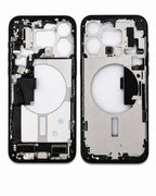A front and back view of a replacement smartphone battery frame assembly, showing the black outer shell and silver metallic inner structure on a white background.