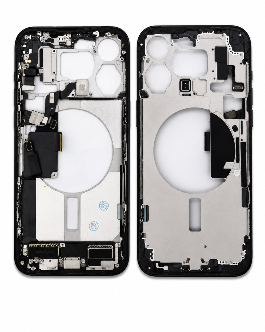 A front and back view of a replacement smartphone battery frame assembly, showing the black outer shell and silver metallic inner structure on a white background.