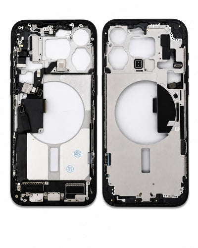 A front and back view of a replacement smartphone battery frame assembly, showing the black outer shell and silver metallic inner structure on a white background.