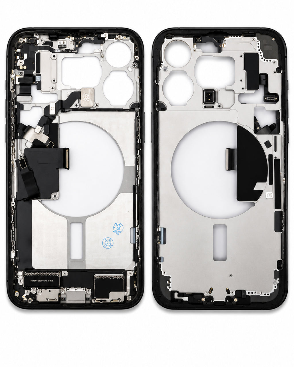 Front and back views of a replacement smartphone outer frame assembly, showing the black bezel and internal silver metal structure with camera cutouts and flex connectors on a white background.