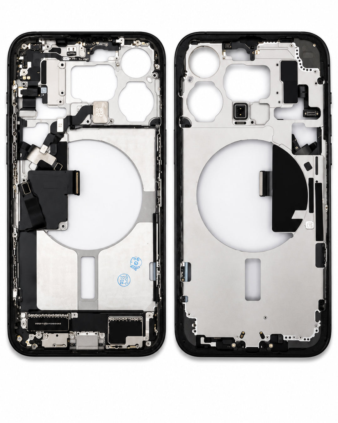 Front and back views of a replacement smartphone outer frame assembly, showing the black bezel and internal silver metal structure with camera cutouts and flex connectors on a white background.