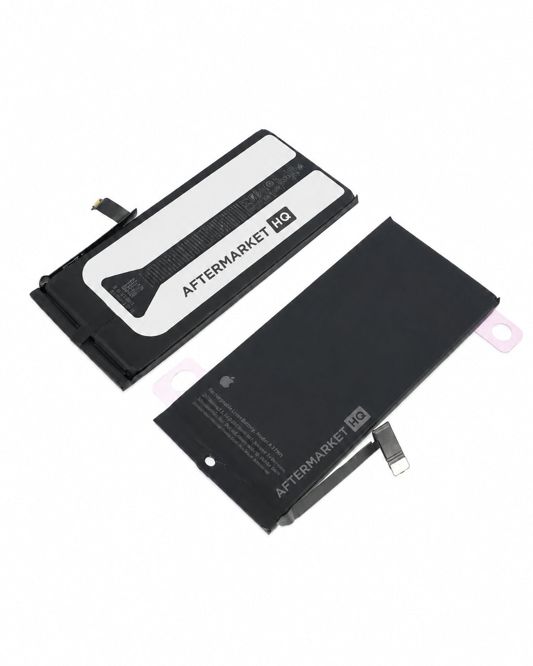 Two replacement laptop batteries from Aftermarket Pro, one showing the white and black label side and the other showing the black printed side, on a plain white background.