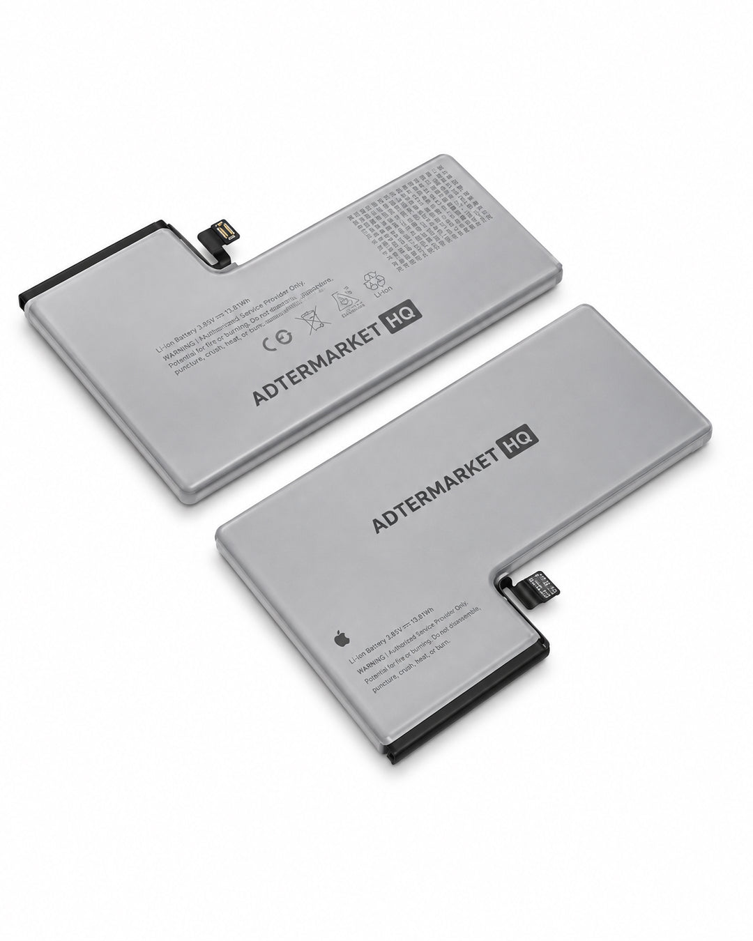 Two silver replacement iPhone batteries with black connector ends, showing both the printed and unprinted sides with the brand name ATERMARKET HD and an Apple logo, on a white background.