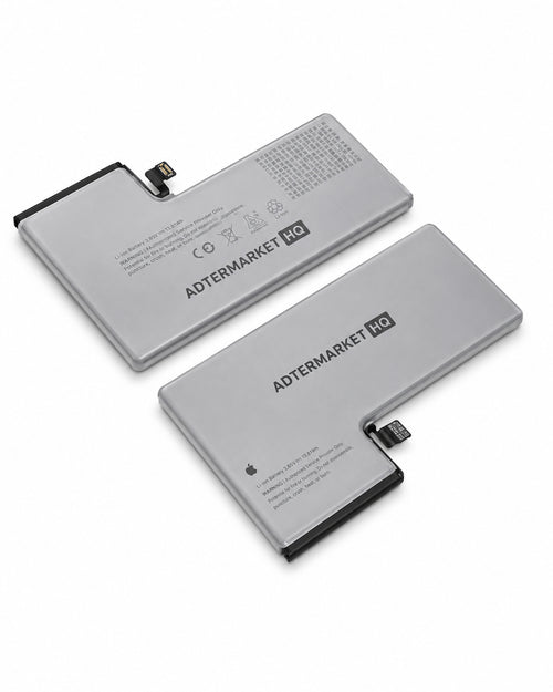Two silver replacement iPhone batteries with black connector ends, showing both the printed and unprinted sides with the brand name ATERMARKET HD and an Apple logo, on a white background.