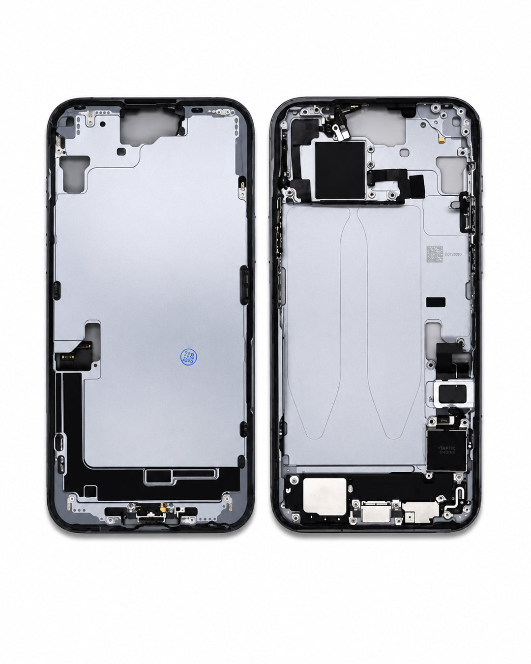A replacement smartphone front glass display panel shown from both sides: the left side with the silver glass panel and black bumper, and the right side showing the inner structure and connectors.