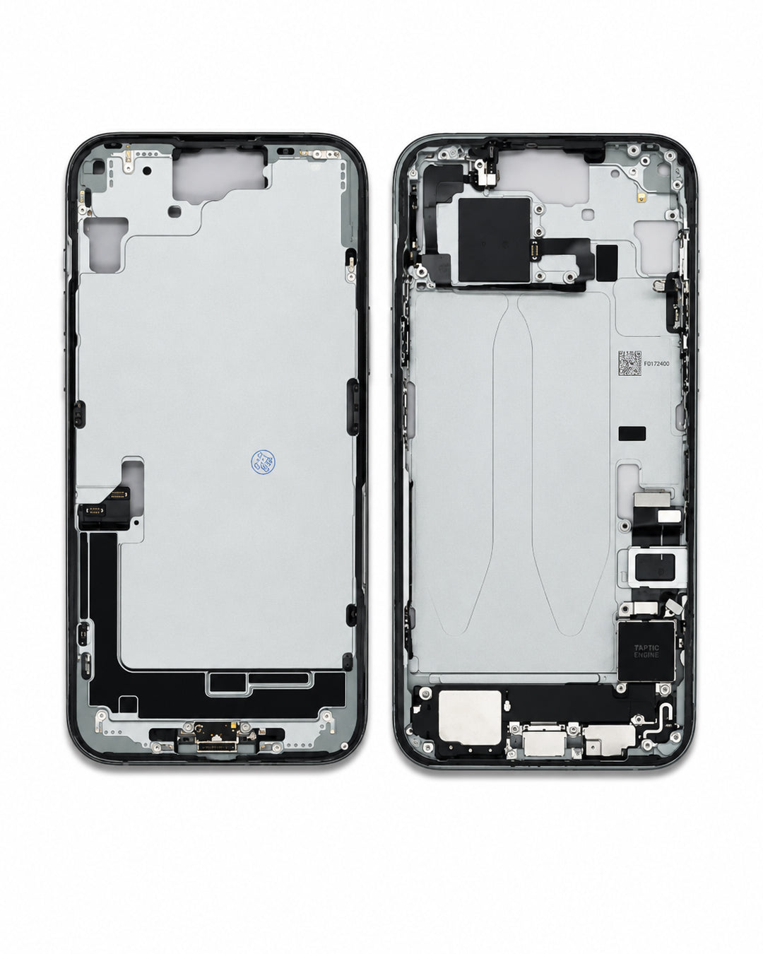 A replacement smartphone front and back glass frame assembly, displayed side-by-side against a solid white background.