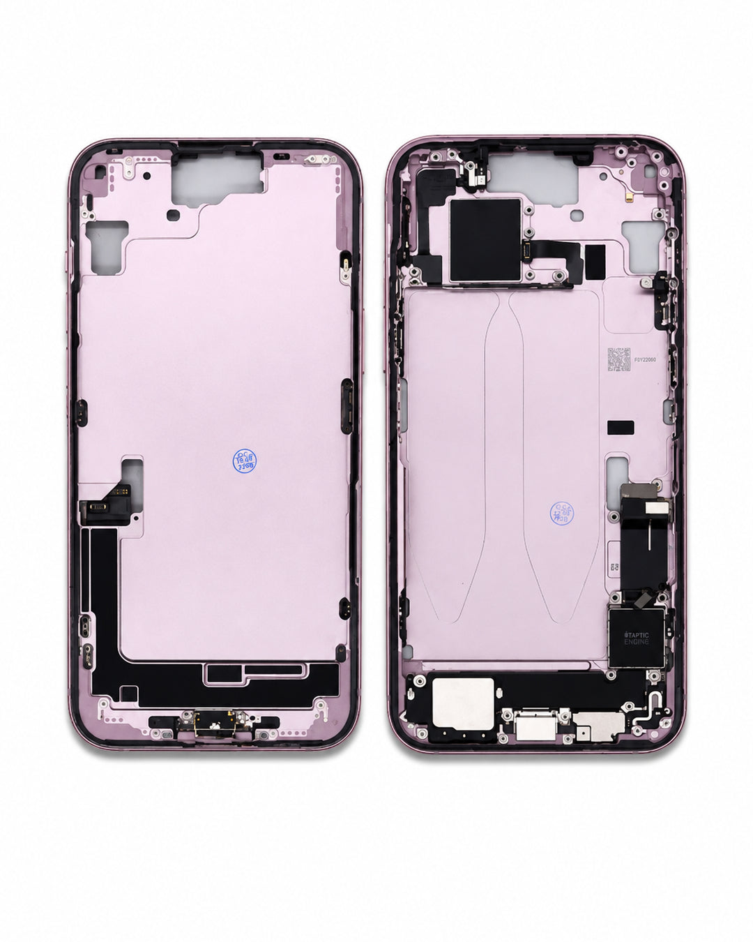 A replacement smartphone front frame assembly shown from both the front and back sides, featuring a light pink inner panel and a metallic lavender-purple outer bumper, displayed on a clean white background.