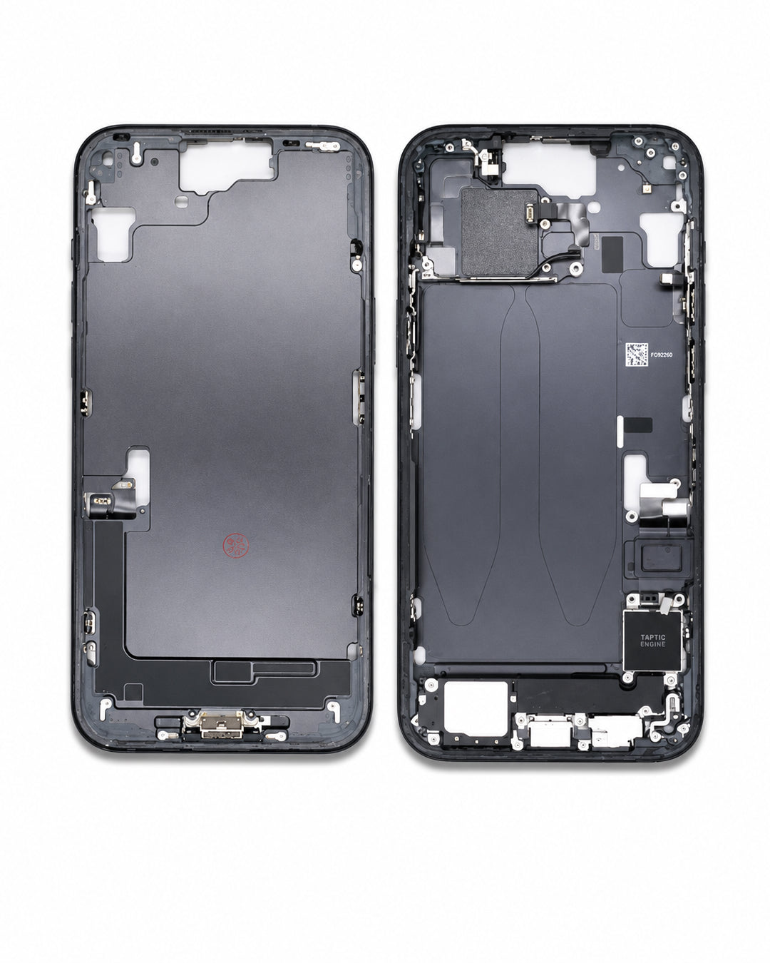A front-facing smartphone chassis shown from both sides on a plain white background, displaying the outer frame and the inner assembly with components and cutouts.
