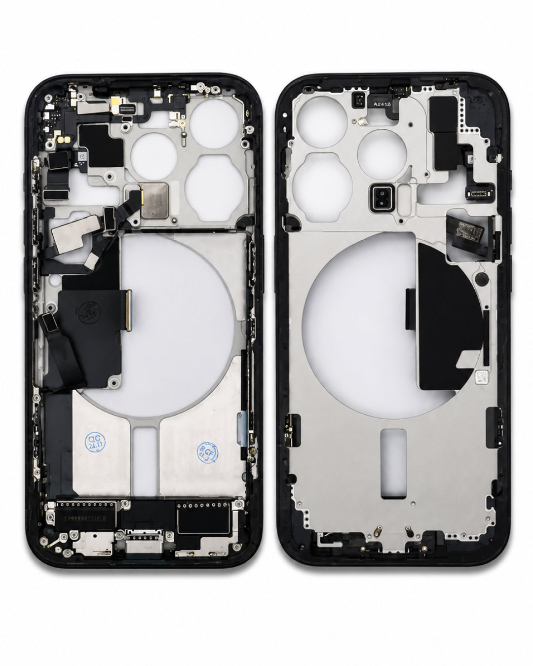 A front and back view of a replacement smartphone outer frame, showing the black bezel and internal silver metal chassis with cutouts for the camera and battery.