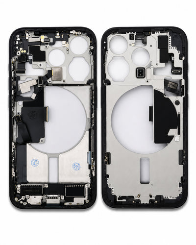 A front and back view of a replacement smartphone outer frame, showing the black bezel and internal silver metal chassis with cutouts for the camera and battery.