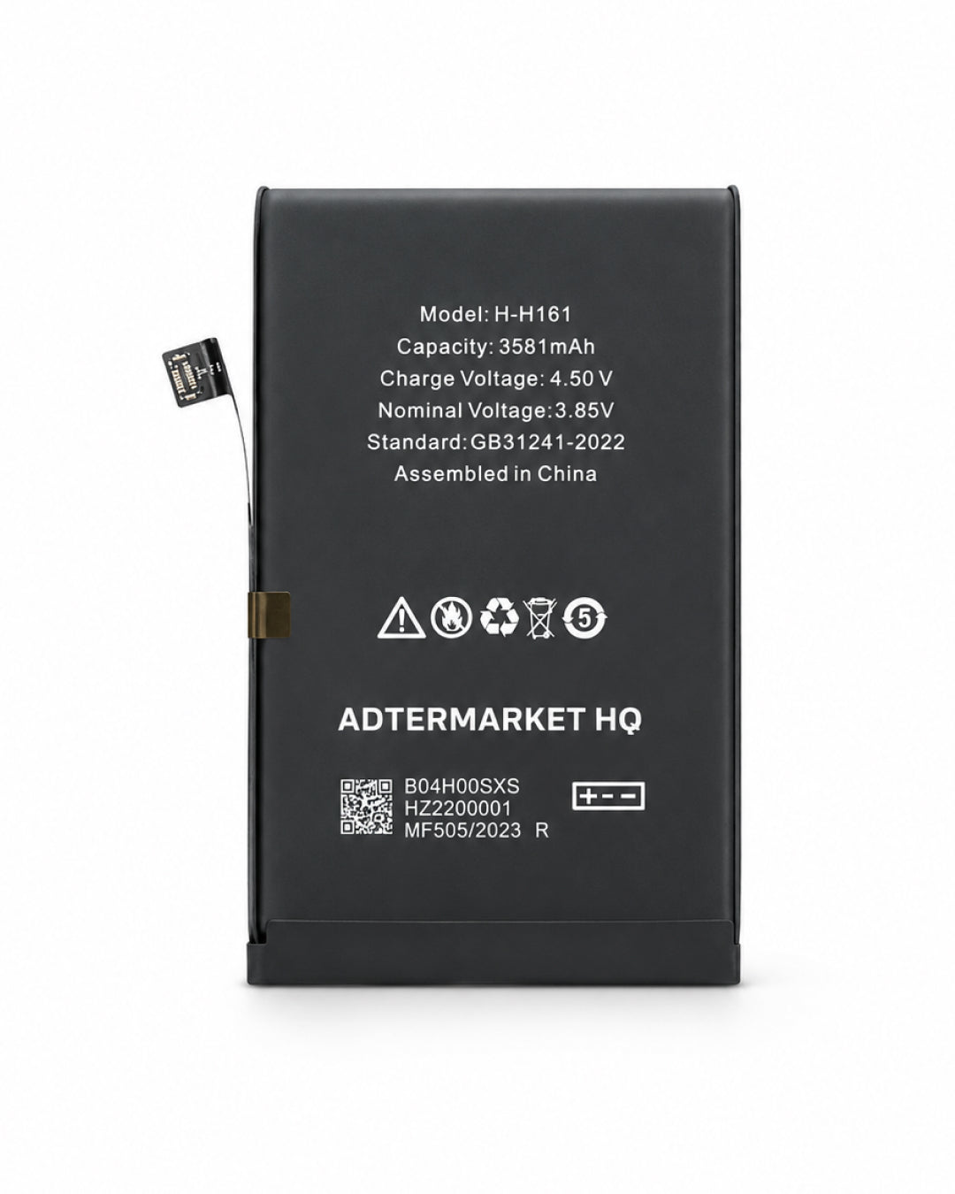 A black rectangular replacement battery with white printed specifications and symbols, shown against a plain white background.