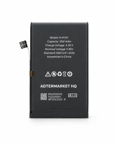 A black rectangular replacement battery with white printed specifications and symbols, shown against a plain white background.