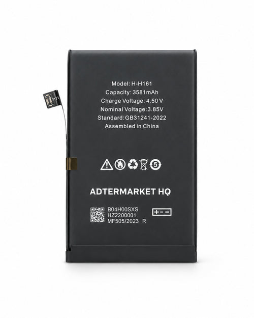 A black rectangular replacement battery with white printed specifications and symbols, shown against a plain white background.