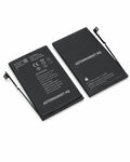 Two black replacement laptop batteries with attached cables, showing both the printed technical specifications side and the plain side, on a white background.