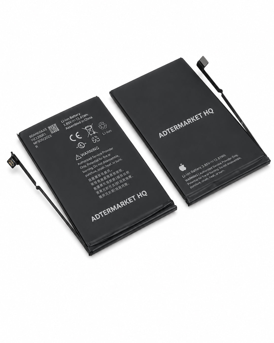 Two black replacement laptop batteries with attached cables, showing both the printed technical specifications side and the plain side, on a white background.