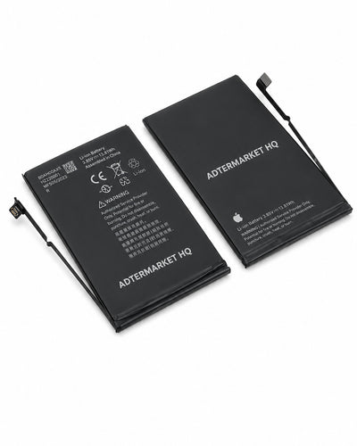 Two black replacement laptop batteries with attached cables, showing both the printed technical specifications side and the plain side, on a white background.