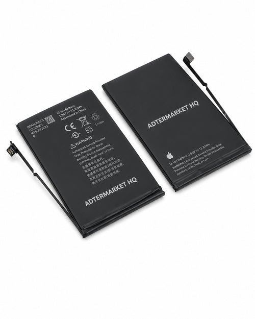 Two black replacement laptop batteries with attached cables, showing both the printed technical specifications side and the plain side, on a white background.