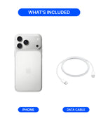 A white Apple phone with a clear case is shown next to a white USB-C data cable on a light gray background, with blue labels reading WHAT'S INCLUDED, PHONE, and DATA CABLE.
