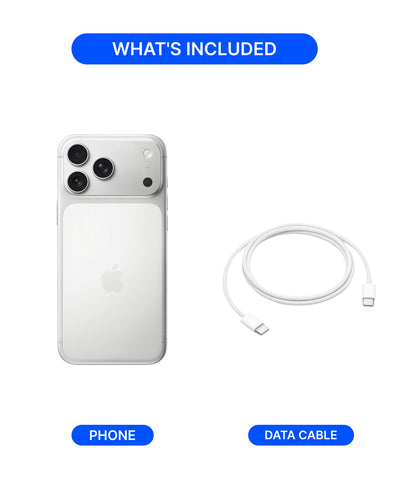 A white Apple phone with a clear case is shown next to a white USB-C data cable on a light gray background, with blue labels reading WHAT'S INCLUDED, PHONE, and DATA CABLE.