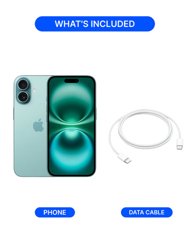 A product listing graphic showing a mint green iPhone with a matching data cable on a white background, with blue labels reading 'WHAT'S INCLUDED', 'PHONE', and 'DATA CABLE'.