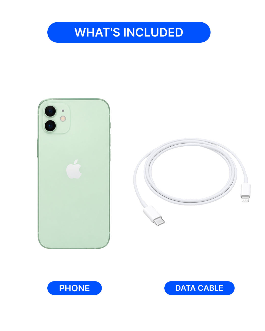 A product listing graphic showing a mint green Apple iPhone and a white USB-C to Lightning data cable under the heading 'WHAT'S INCLUDED'.