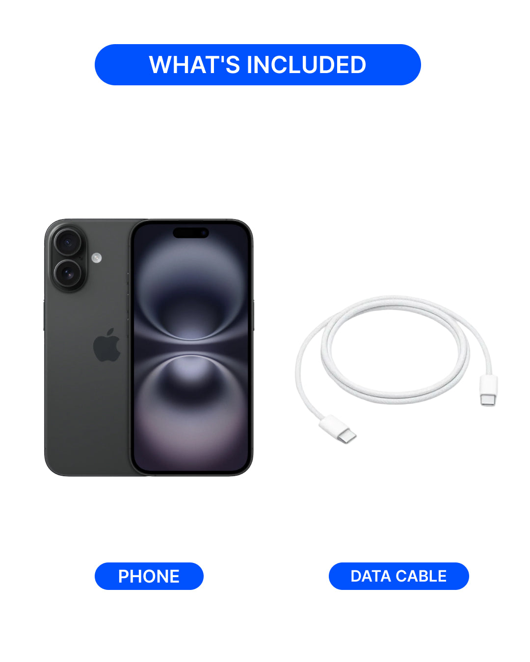 A product inclusion graphic showing a dark gray Apple iPhone and a white USB-C to Lightning data cable under the heading 'WHAT'S INCLUDED'.