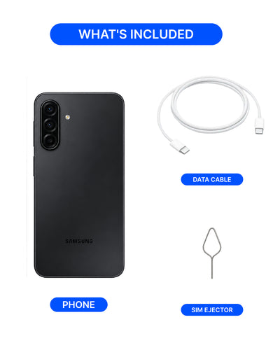 Samsung smartphone shown from the back with accessories labeled 'WHAT'S INCLUDED': a white USB-C data cable and a SIM ejector tool on a light gray background.