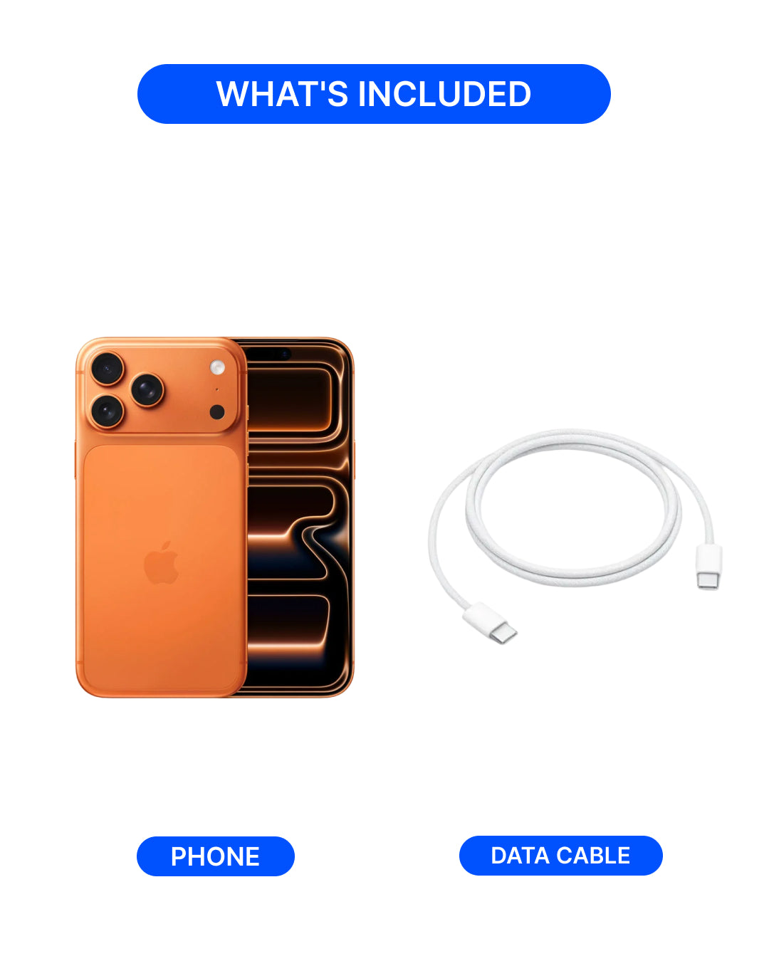 A product inclusion graphic on a white background showing an orange smartphone with a black front display and a white USB-C data cable. Blue labels read 'WHAT'S INCLUDED', 'PHONE', and 'DATA CABLE'.