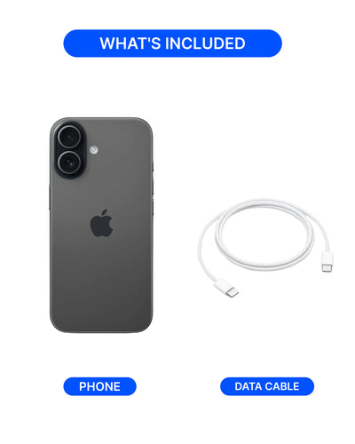 A product listing graphic showing a dark gray Apple iPhone with a black camera bar, labeled 'PHONE', and a white USB-C to Lightning data cable, labeled 'DATA CABLE' under a blue header that reads 'WHAT'S INCLUDED'.