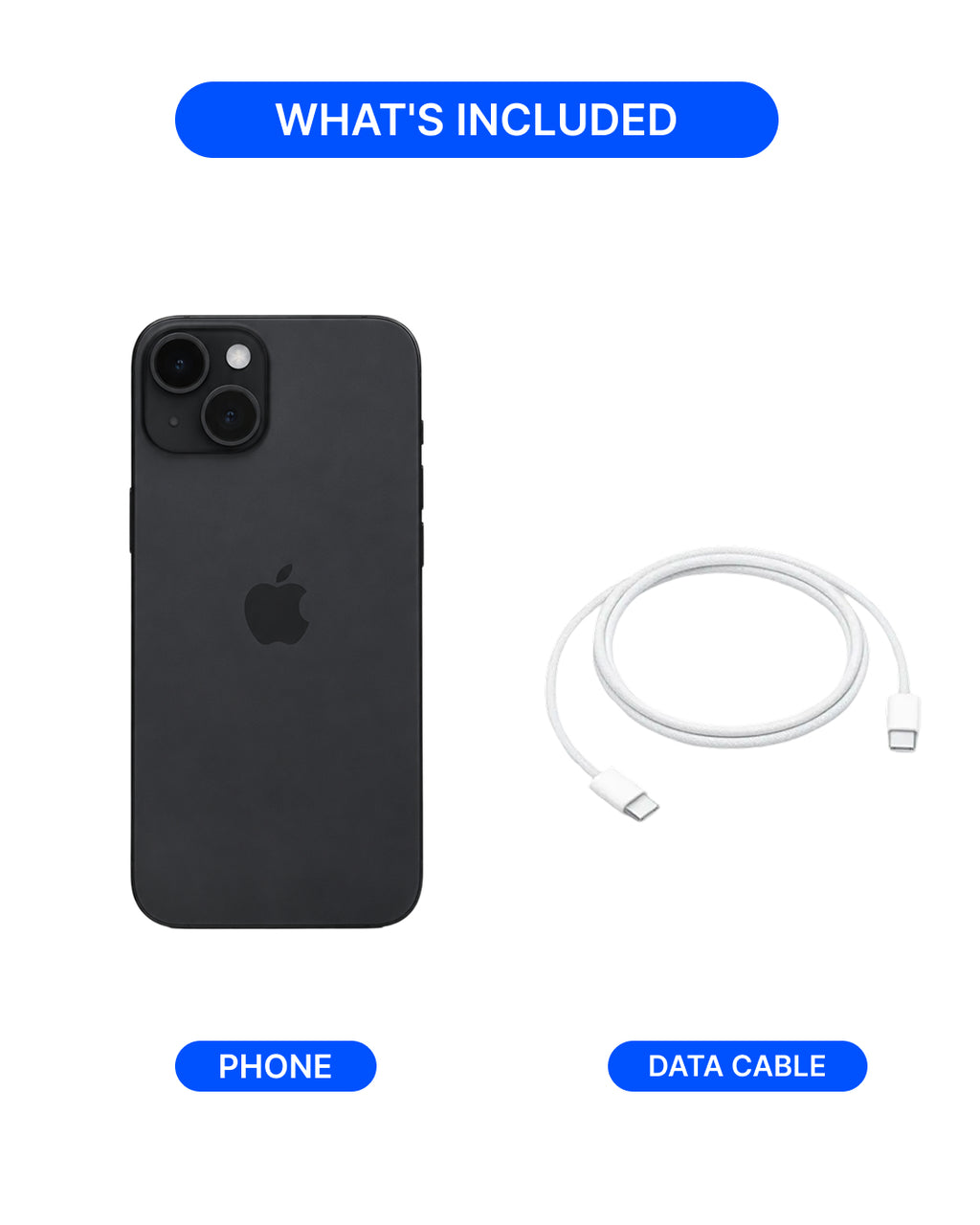 A black Apple iPhone shown from the back next to a white USB-C to Lightning data cable, with blue labels reading 'WHAT'S INCLUDED', 'PHONE', and 'DATA CABLE' on a white background.