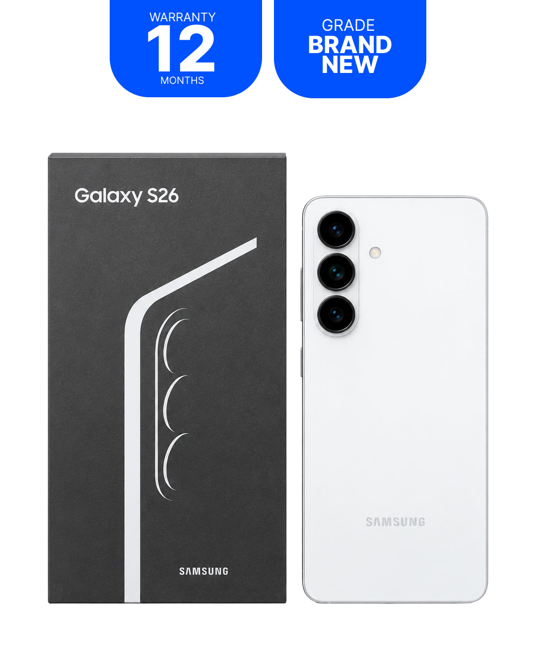 Samsung Galaxy S26 smartphone shown next to its black retail box on a white background, with two blue promotional badges at the top reading 'WARRANTY 12 MONTHS' and 'GRADE BRAND NEW'.
