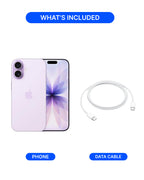 A product inclusion graphic showing a light purple smartphone with front and back views alongside a white USB-C to Lightning data cable on a white background, with blue labels reading WHAT'S INCLUDED, PHONE, and DATA CABLE.