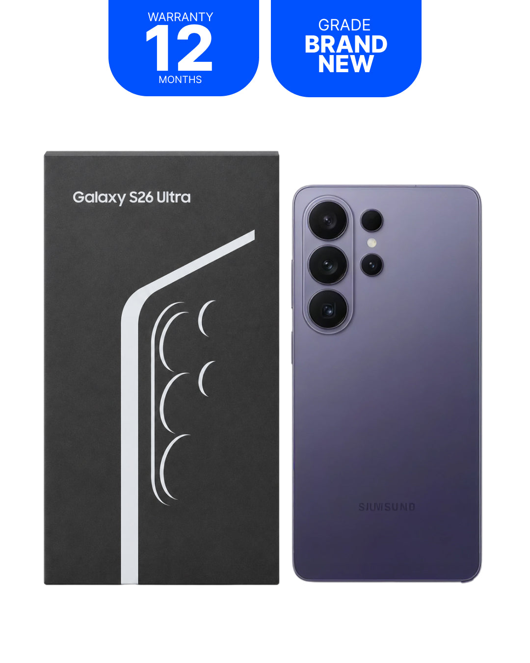 Samsung Galaxy S22 Ultra smartphone shown next to its black retail box on a white background, with blue promotional badges at the top reading 'WARRANTY 12 MONTHS' and 'GRADE BRAND NEW'.