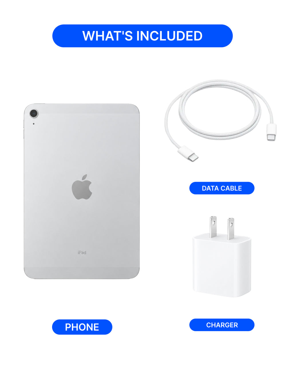 An Apple iPad shown with included accessories on a white background under a blue 'WHAT'S INCLUDED' header. The image includes a silver iPad, a white USB-C data cable labeled 'DATA CABLE,' and a white wall charger labeled 'CHARGER.